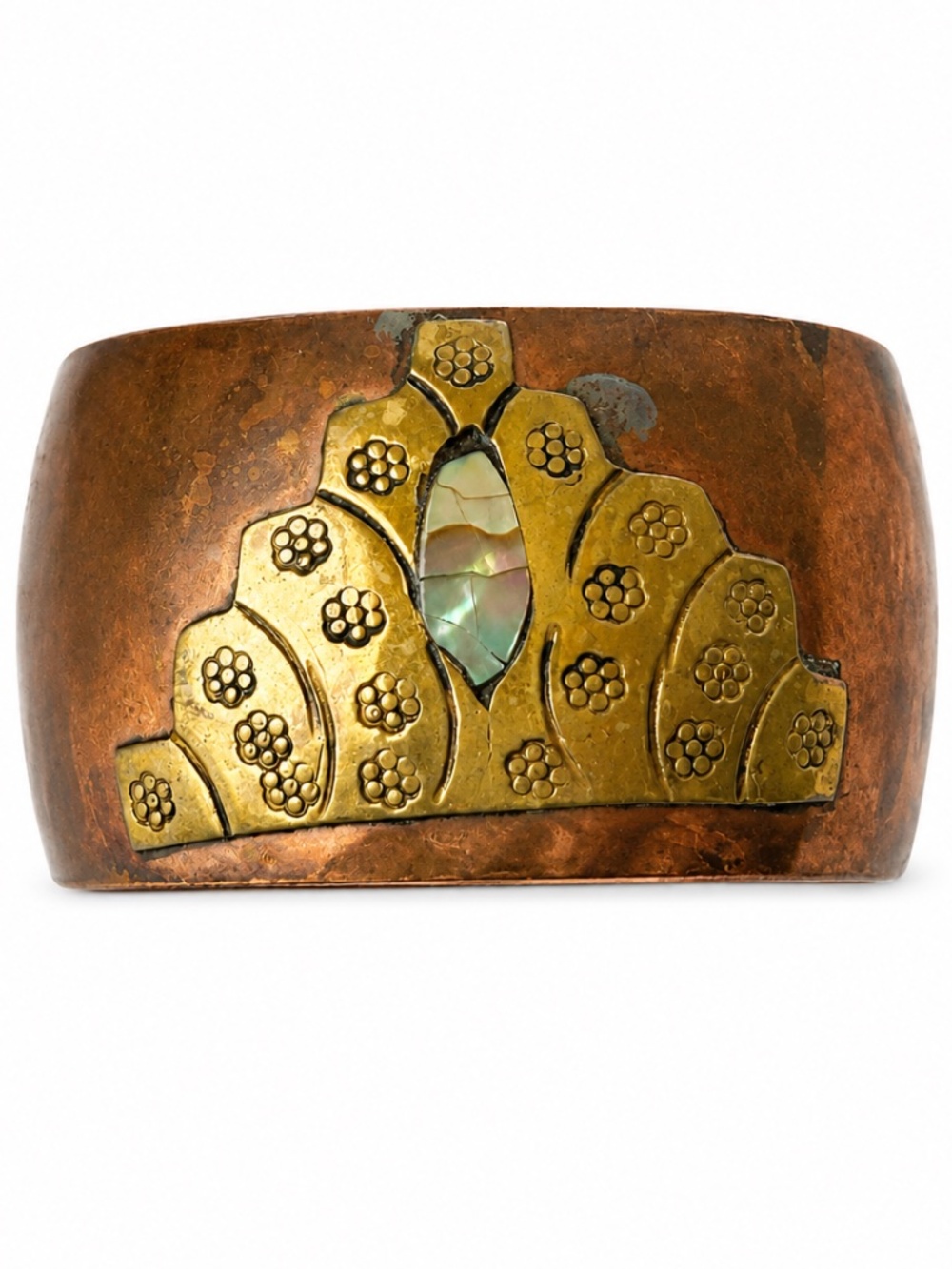 VINTAGE Mexican Copper Brass Mixed Metal Abalone Inlay Wide Cuff Bracelet